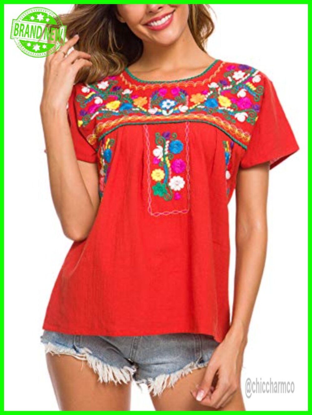 Embroidered Mexican Peasant Blouse 100% Cotton Summer Shirt